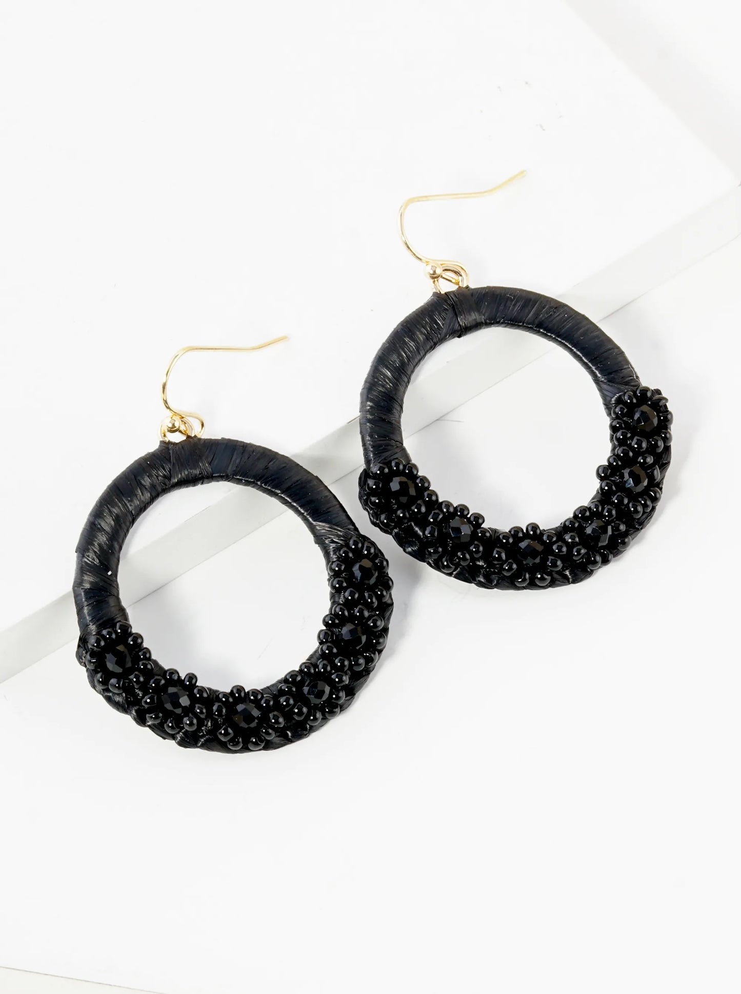 Flower Shape Beaded Raffia Wrapped Circle Dangle Drop Earrings