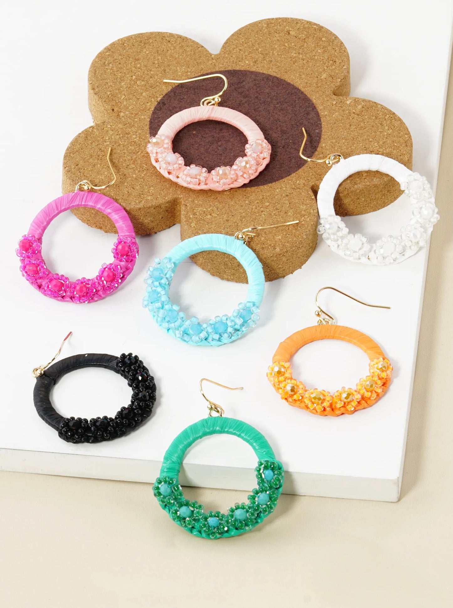 Flower Shape Beaded Raffia Wrapped Circle Dangle Drop Earrings