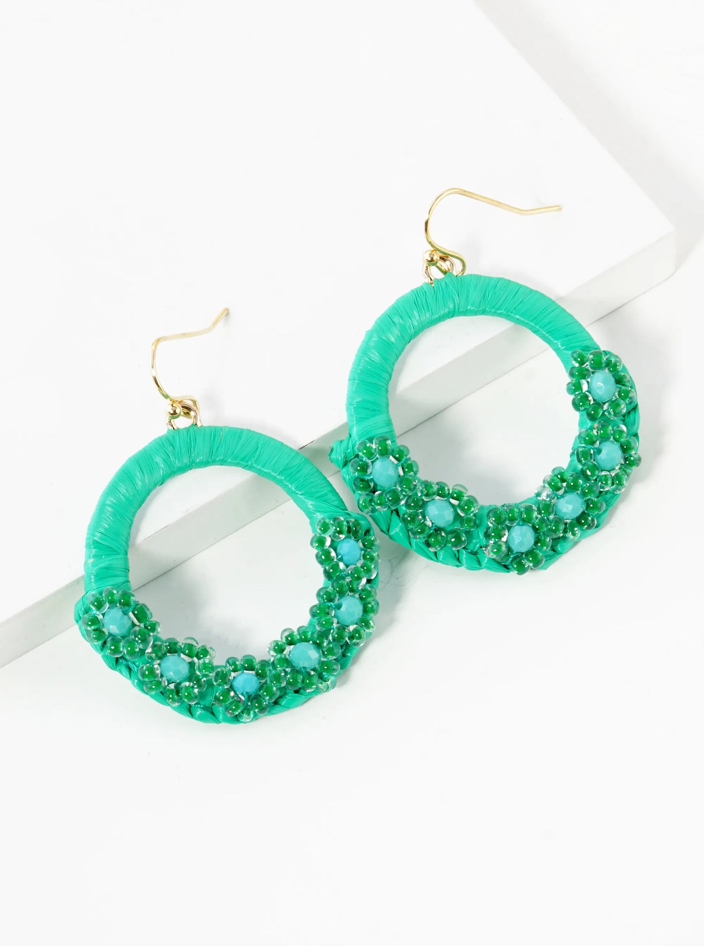 Flower Shape Beaded Raffia Wrapped Circle Dangle Drop Earrings