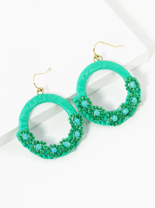 Flower Shape Beaded Raffia Wrapped Circle Dangle Drop Earrings