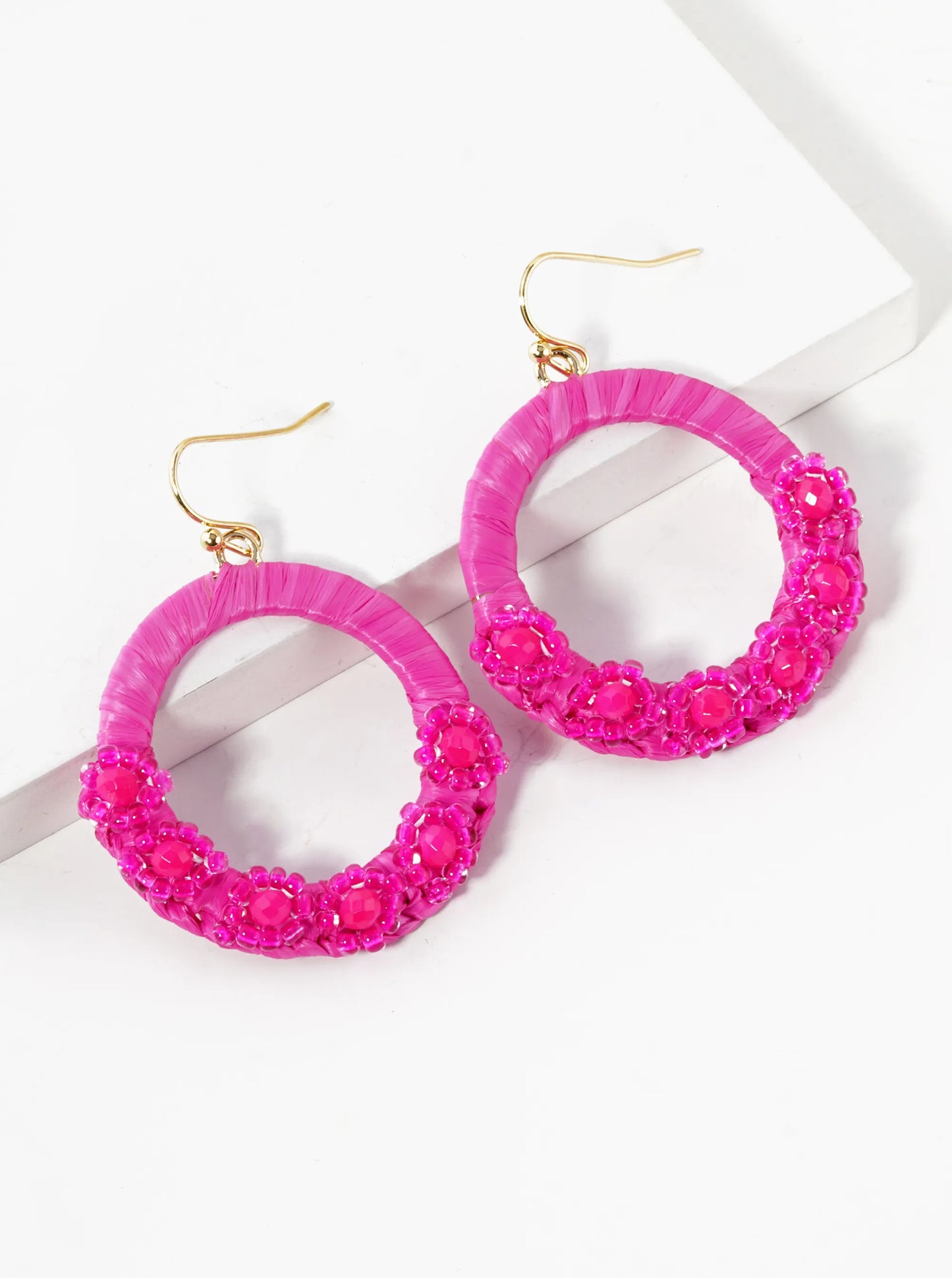 Flower Shape Beaded Raffia Wrapped Circle Dangle Drop Earrings