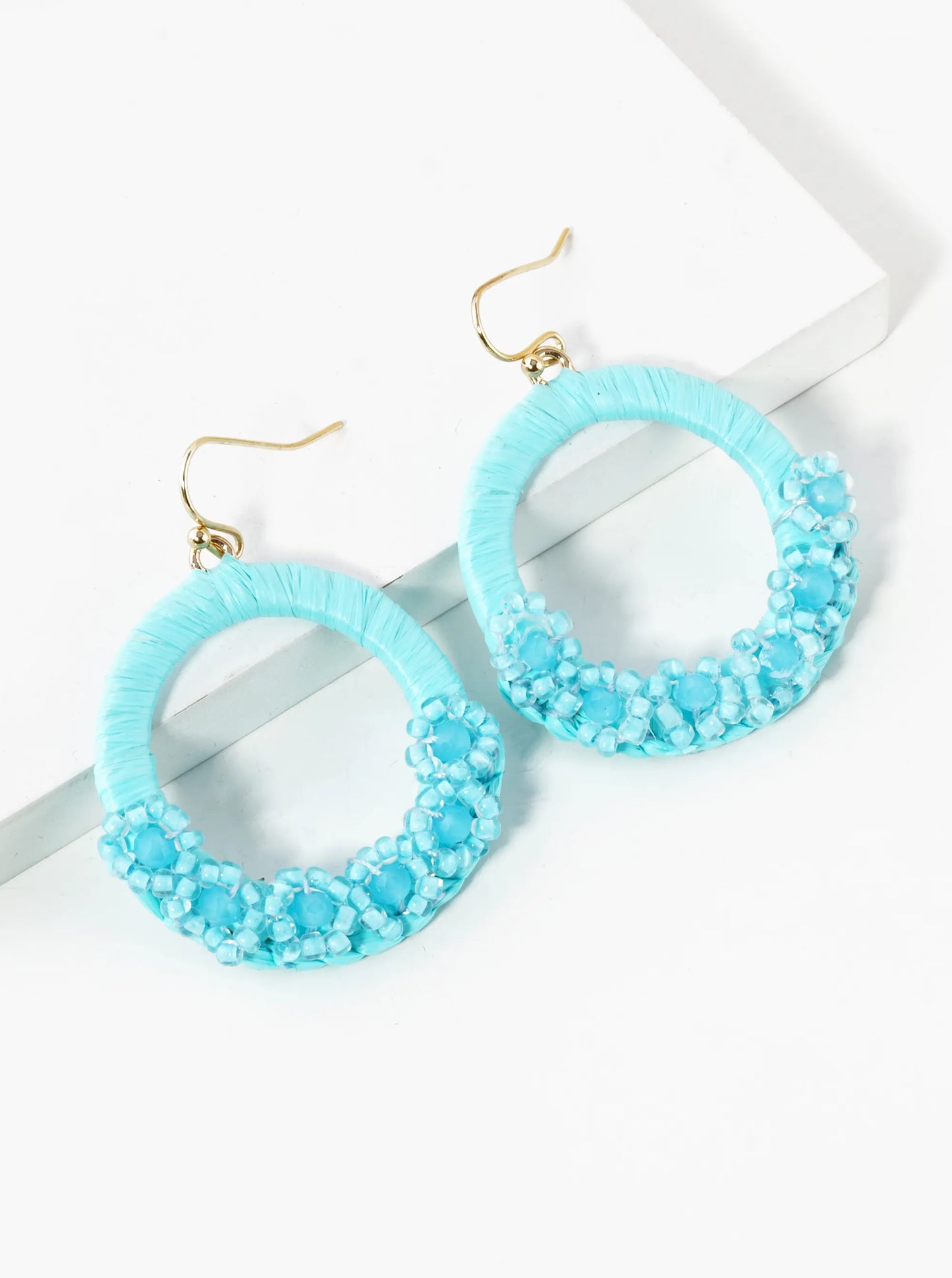 Flower Shape Beaded Raffia Wrapped Circle Dangle Drop Earrings