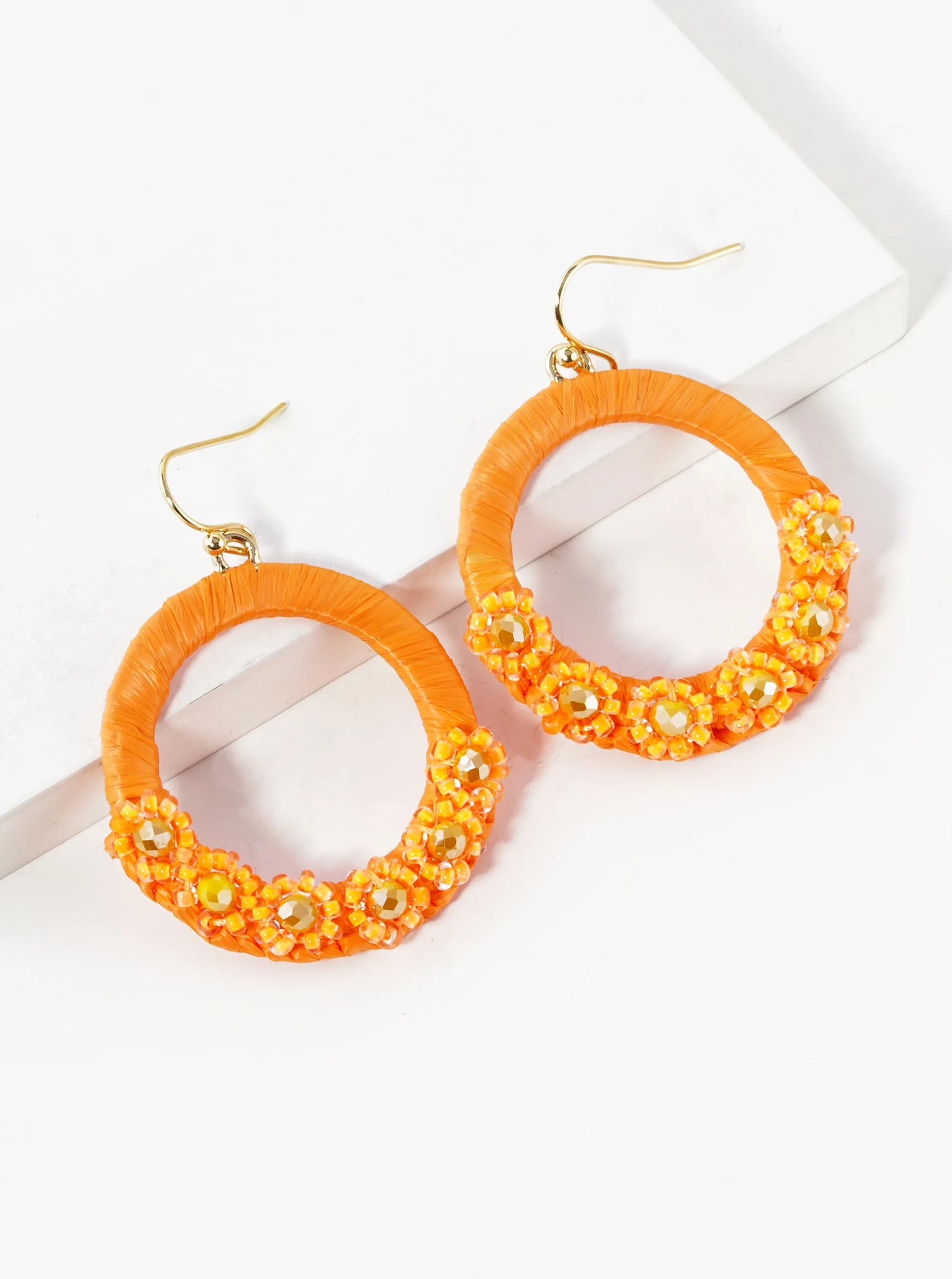 Flower Shape Beaded Raffia Wrapped Circle Dangle Drop Earrings