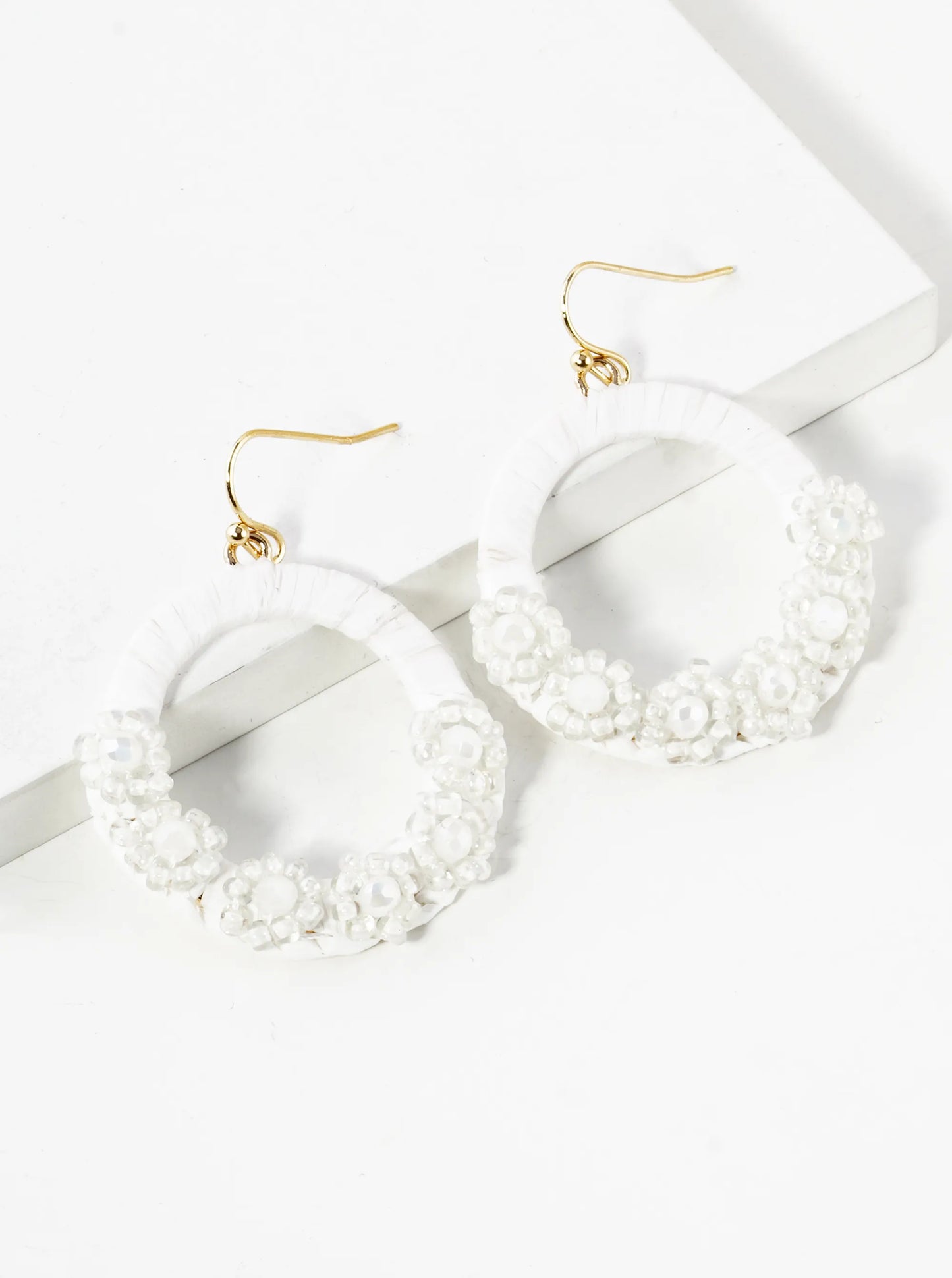 Flower Shape Beaded Raffia Wrapped Circle Dangle Drop Earrings