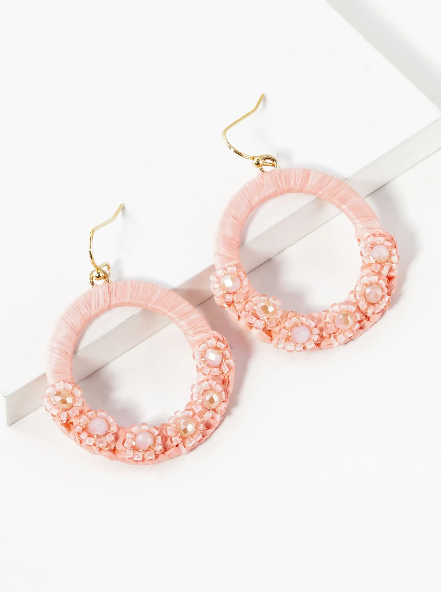 Flower Shape Beaded Raffia Wrapped Circle Dangle Drop Earrings