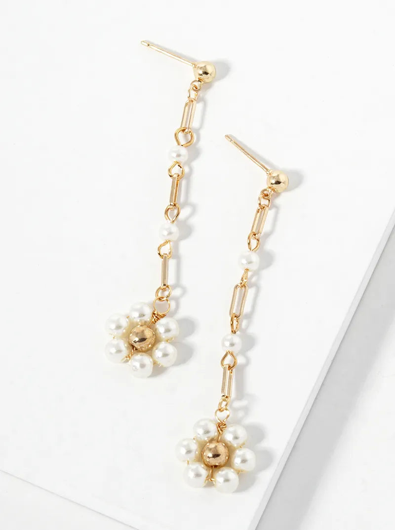 Flower Shape Pearl Beads Chain Drop Dangle Earrings