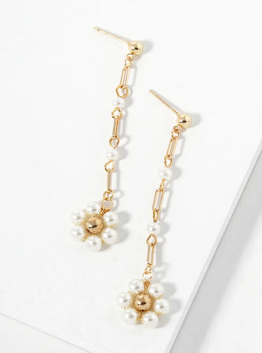 Flower Shape Pearl Beads Chain Drop Dangle Earrings