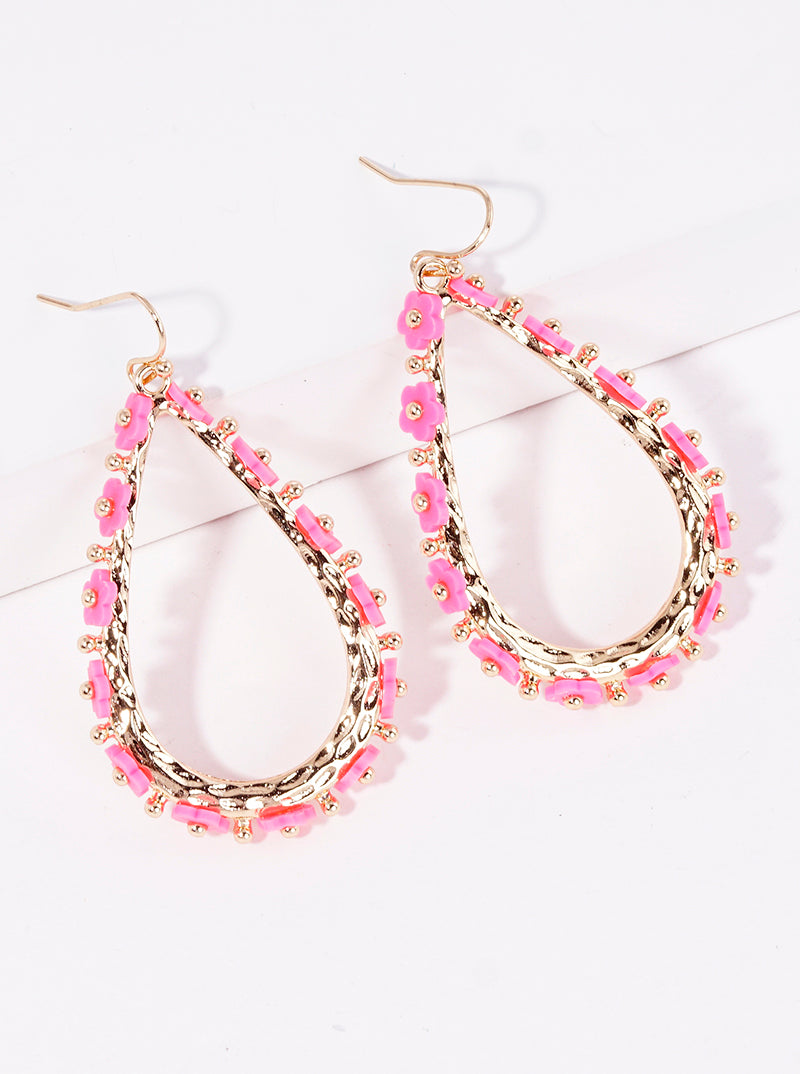 Flower Beaded Metal Hammer Textured Teardrop Dangle Earrings