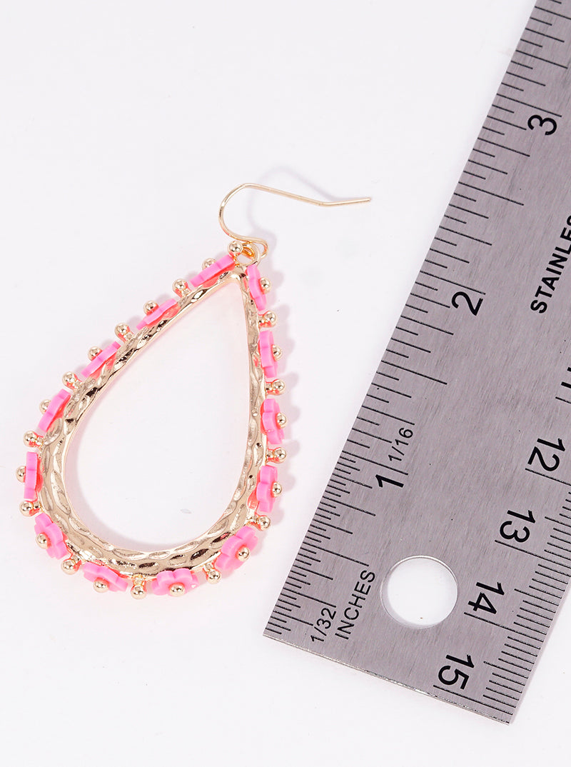 Flower Beaded Metal Hammer Textured Teardrop Dangle Earrings