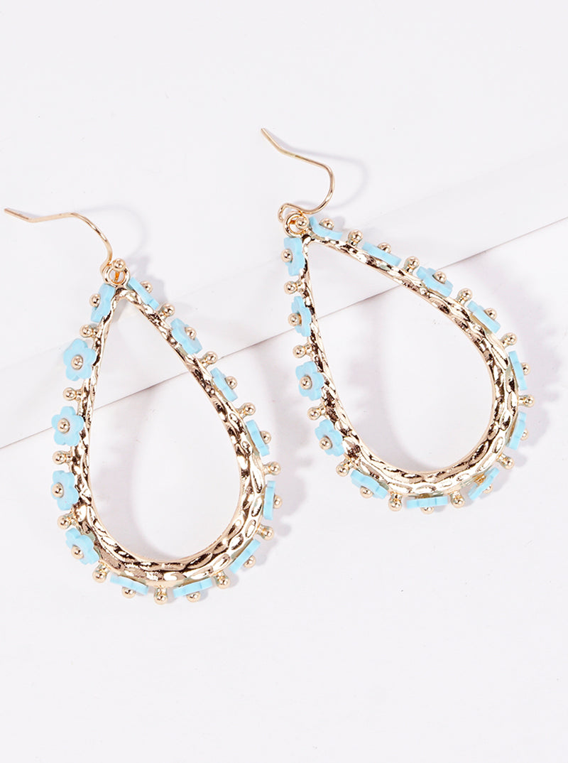 Flower Beaded Metal Hammer Textured Teardrop Dangle Earrings