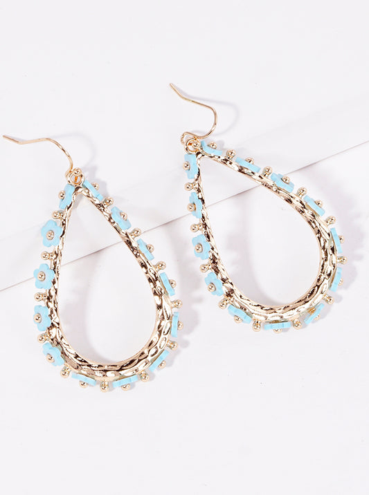 Flower Beaded Metal Hammer Textured Teardrop Dangle Earrings