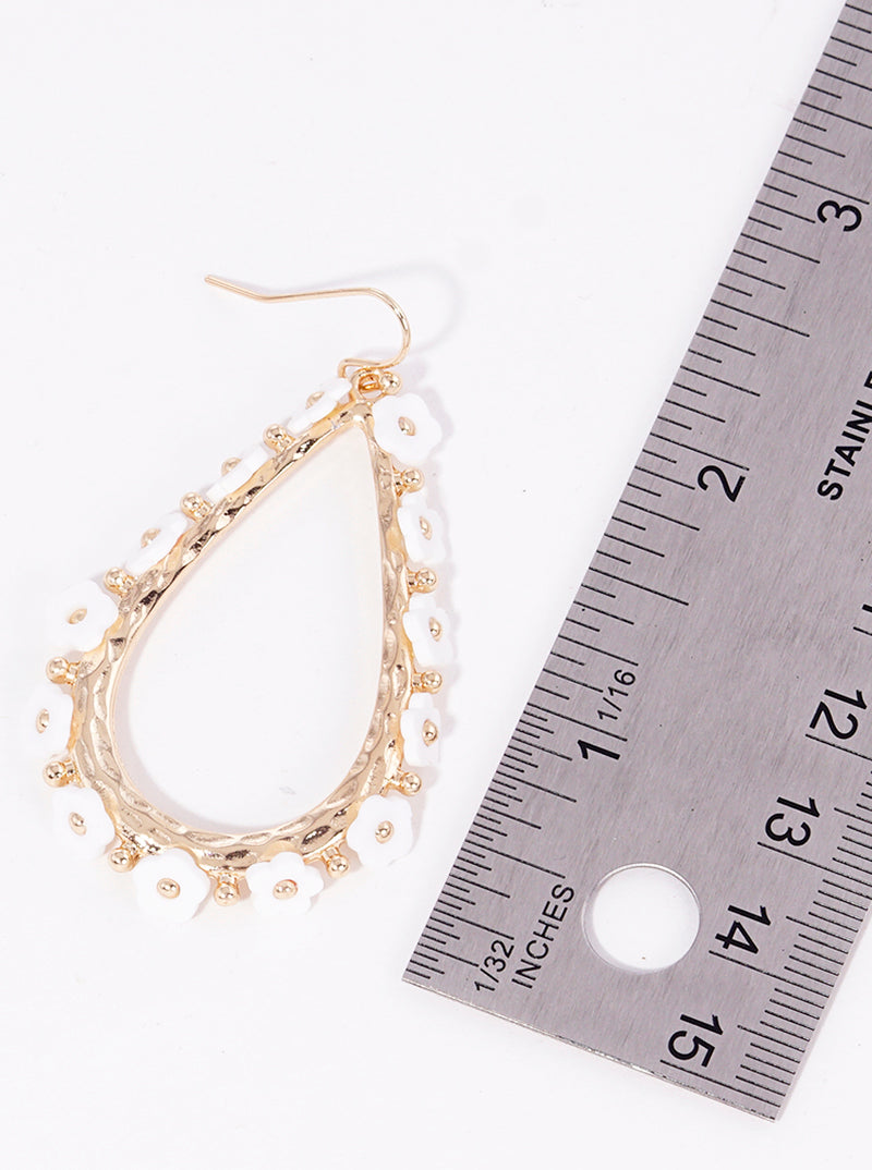 Flower Beaded Metal Hammer Textured Teardrop Dangle Earrings