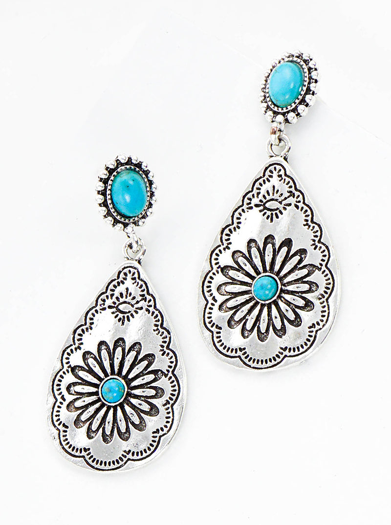 Flower Engraved Antique Silver With Turquoise Teardrop Western Dangle Drop Earrings