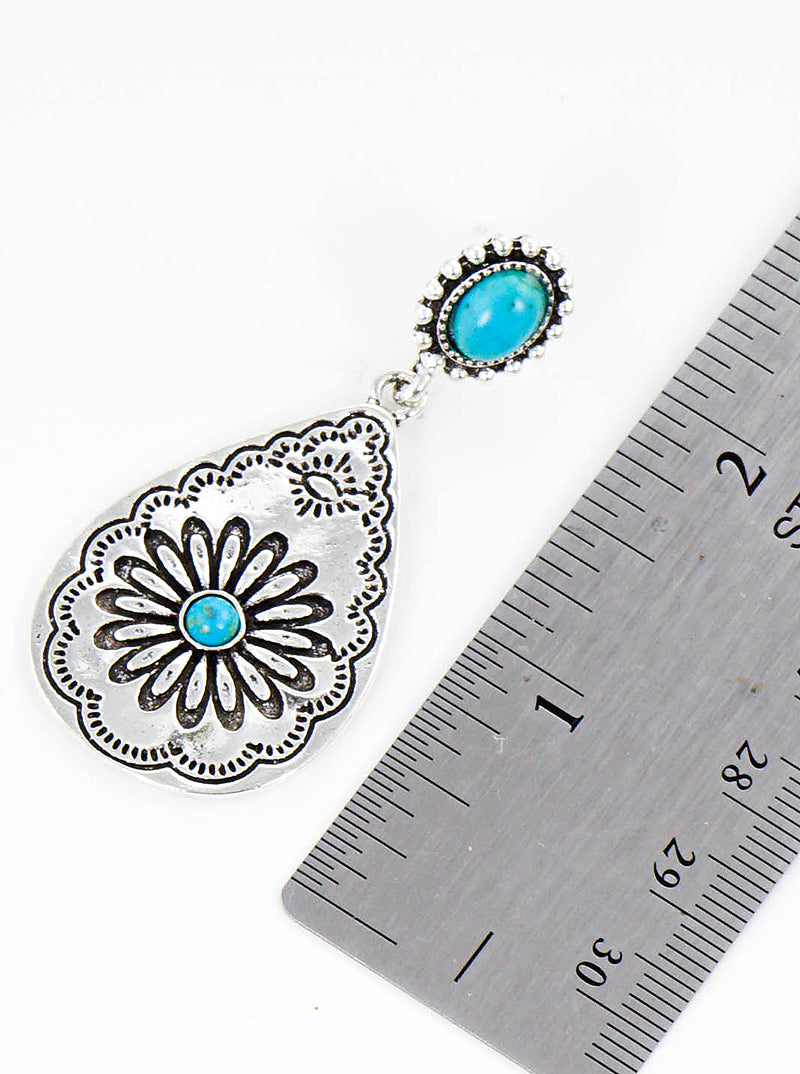 Flower Engraved Antique Silver With Turquoise Teardrop Western Dangle Drop Earrings