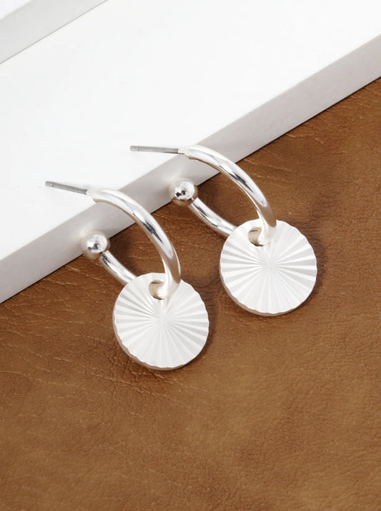 Fluted Disc Drop 15mm Dangle Hoop Earrings