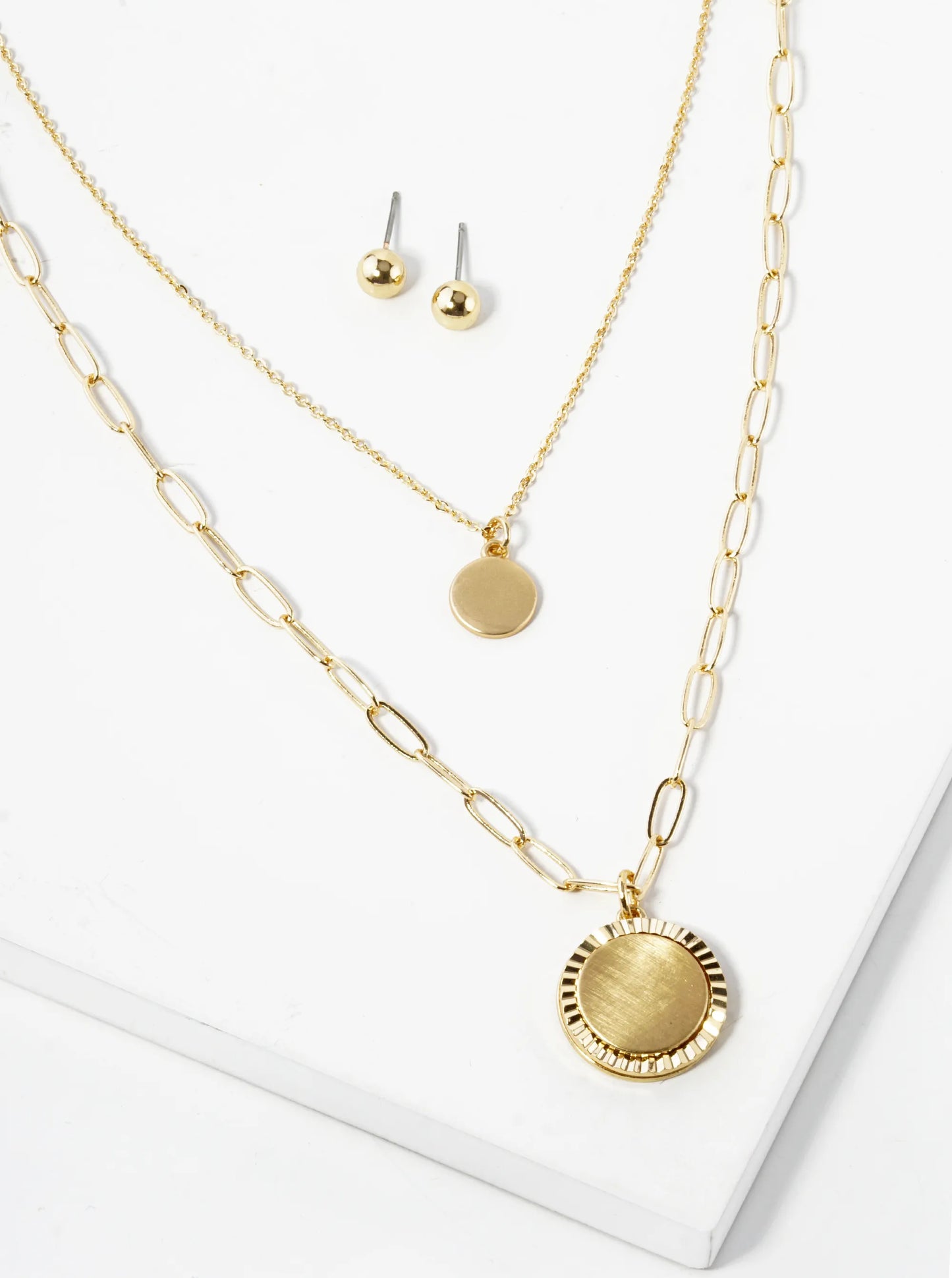 Fluted Disc Pendant Double Layered Necklace