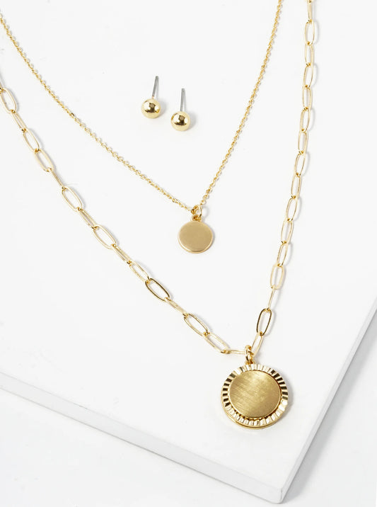 Fluted Disc Pendant Double Layered Necklace