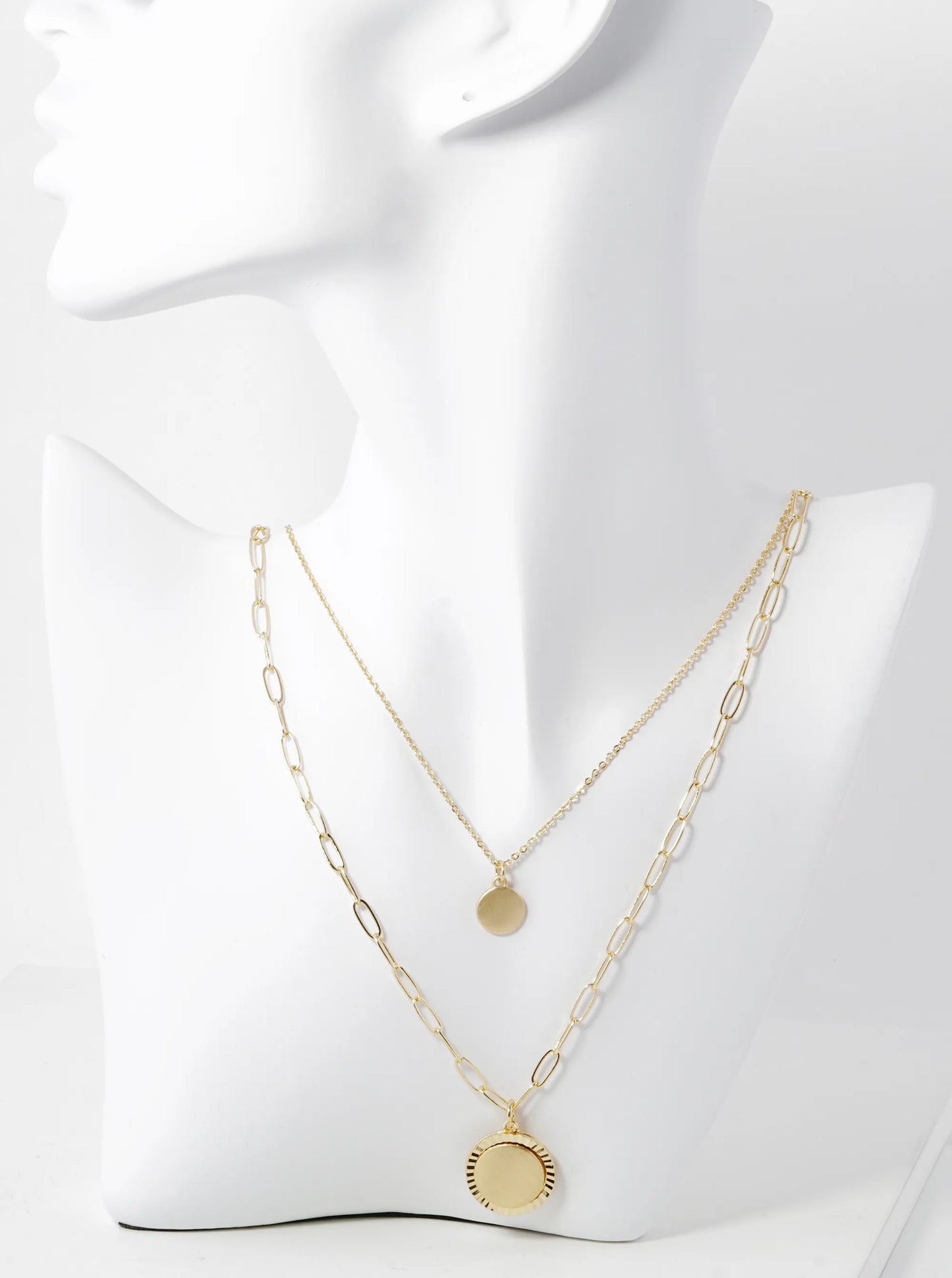 Fluted Disc Pendant Double Layered Necklace