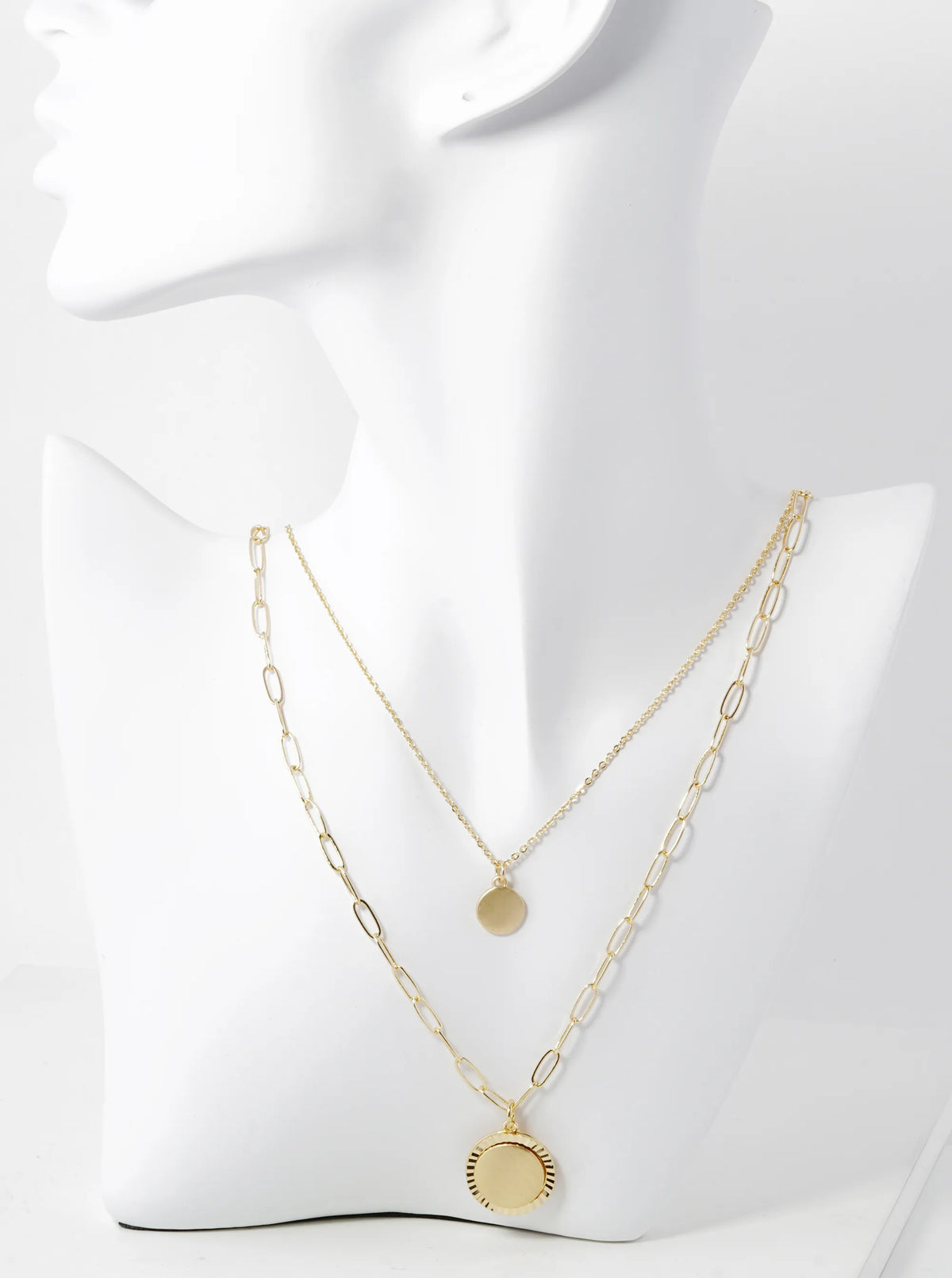 Fluted Disc Pendant Double Layered Necklace