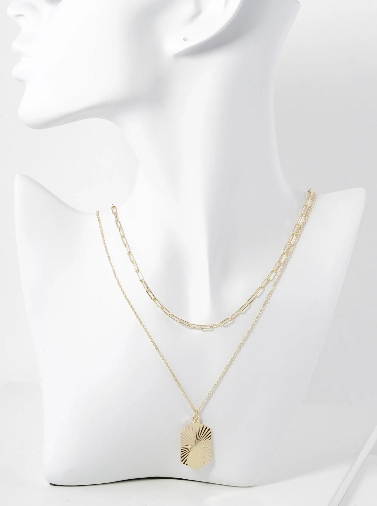 Fluted Long Hexagon Pendant Layered Necklace