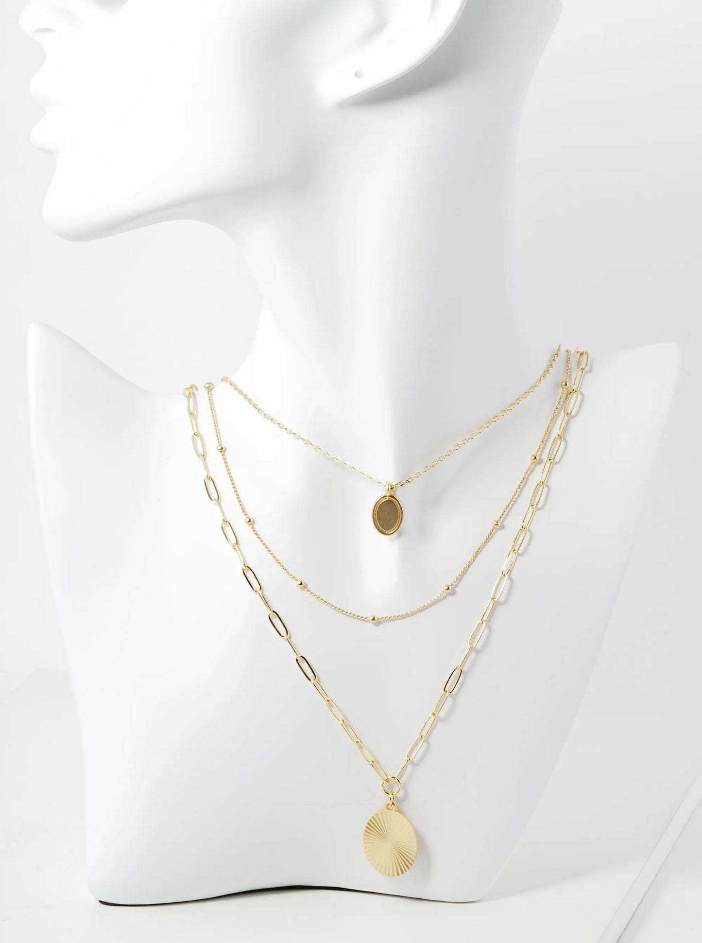 Fluted Oval Pendant Three Layered Multi Chain Necklace