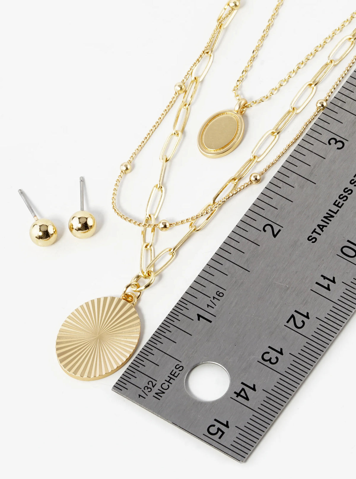 Fluted Oval Pendant Three Layered Multi Chain Necklace
