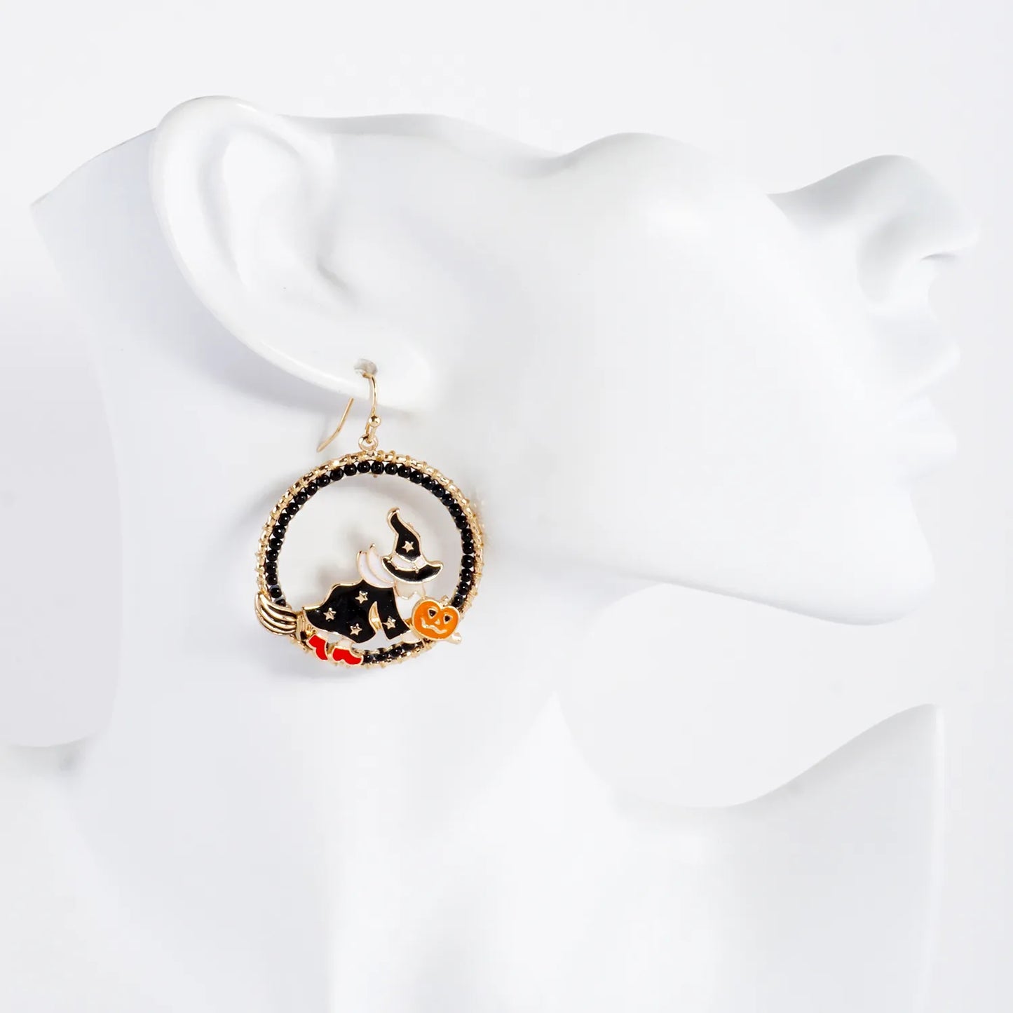 Flying Witch On Broomstick Circle Drop Halloween Earrings