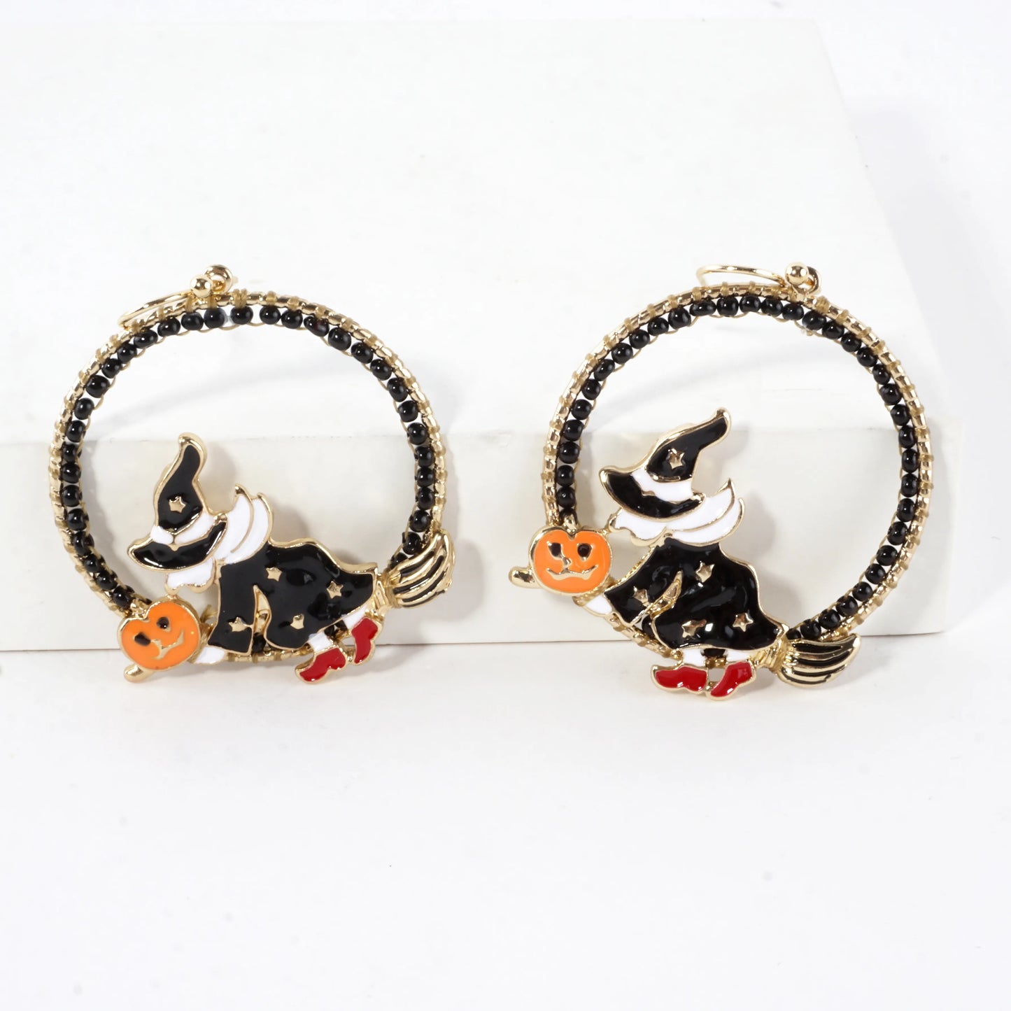 Flying Witch On Broomstick Circle Drop Halloween Earrings