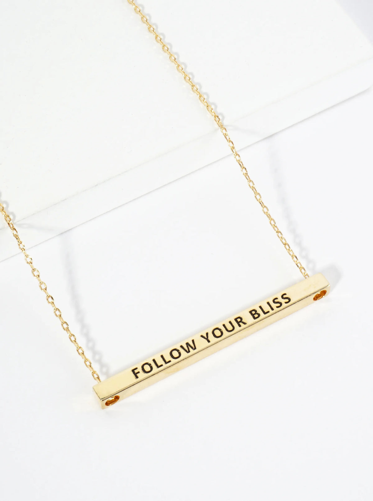 Follow Your Bliss Engraved 18K Gold Dipped Horizontal Brass Bar Pendant Inspirational Necklace