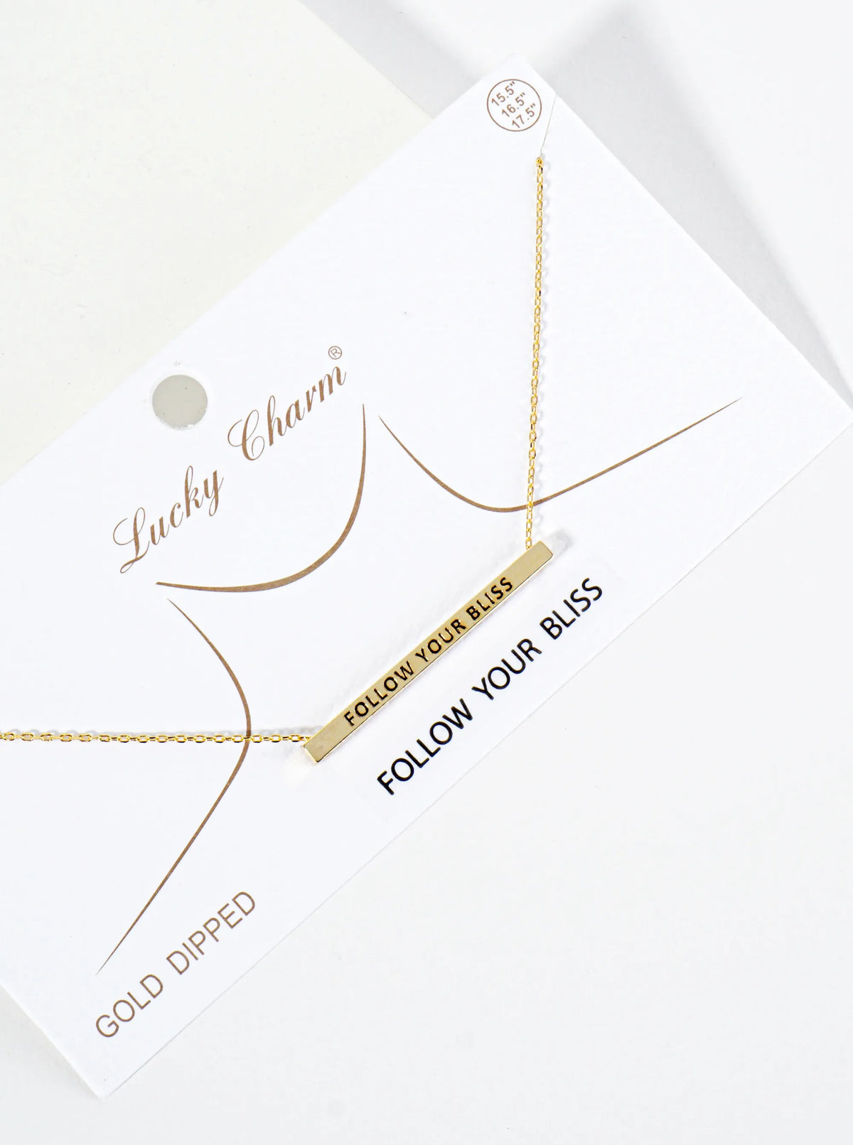 Follow Your Bliss Engraved 18K Gold Dipped Horizontal Brass Bar Pendant Inspirational Necklace