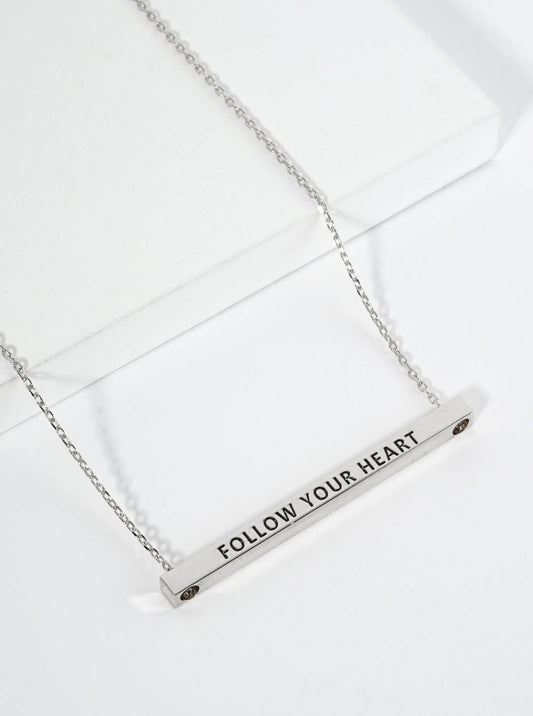 Follow Your Heart Engraved 18K Gold Dipped Horizontal Brass Bar Pendant Inspirational Necklace