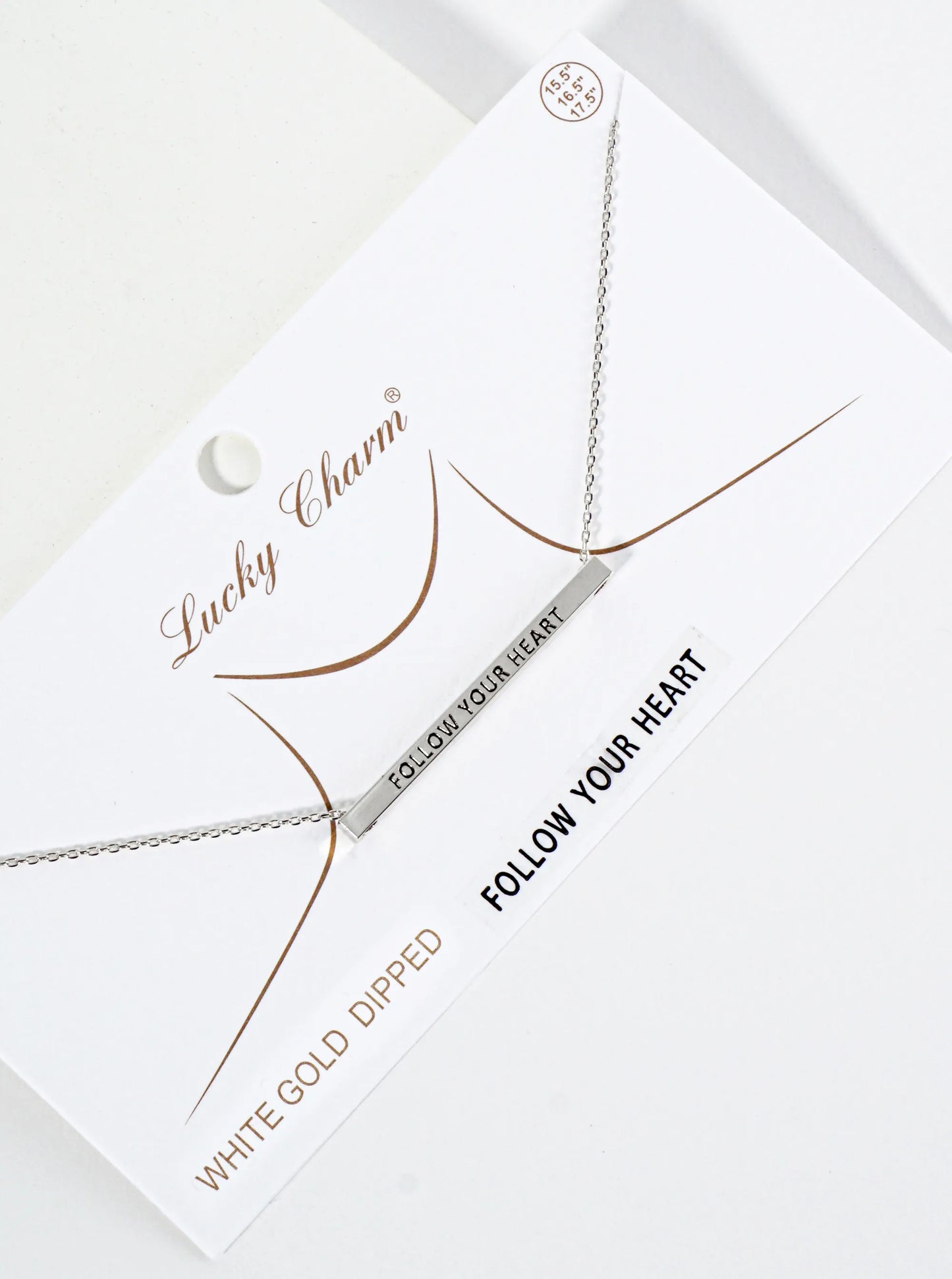 Follow Your Heart Engraved 18K Gold Dipped Horizontal Brass Bar Pendant Inspirational Necklace
