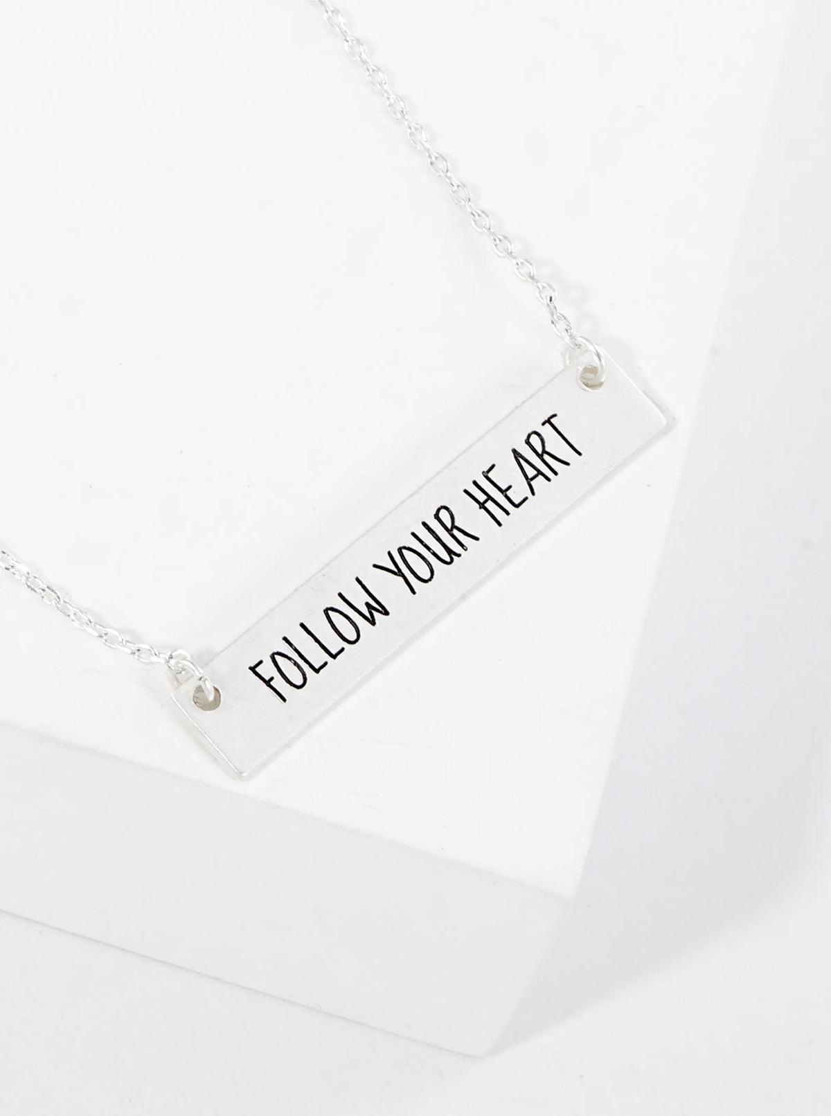 Follow Your Heart Engraved Horizontal Bar Pendant Necklace
