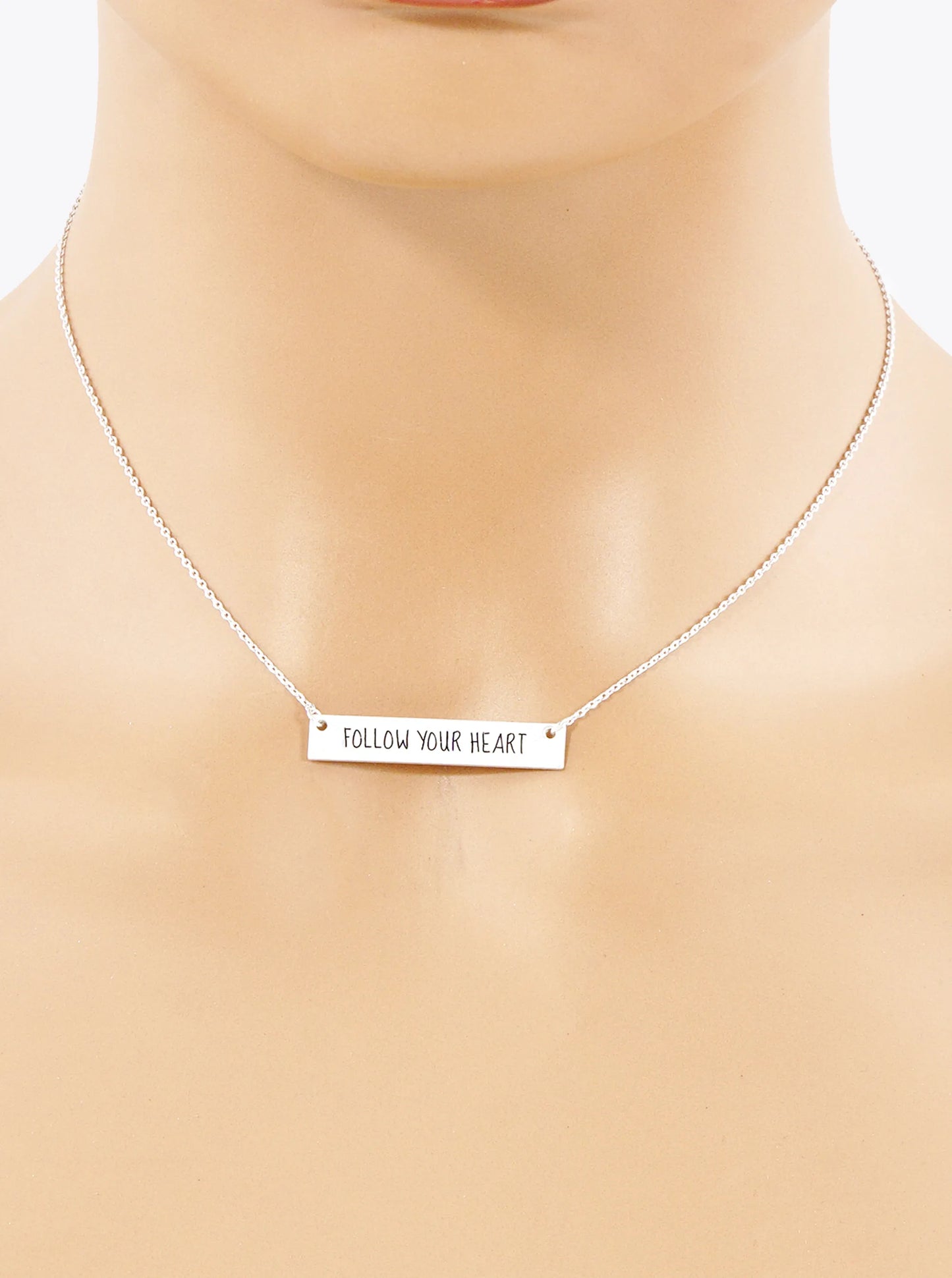 Follow Your Heart Engraved Horizontal Bar Pendant Necklace