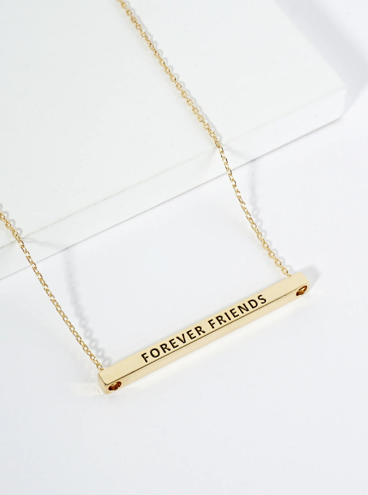 Forever Friends Engraved 18K Gold Dipped Horizontal Brass Bar Pendant Inspirational Necklace