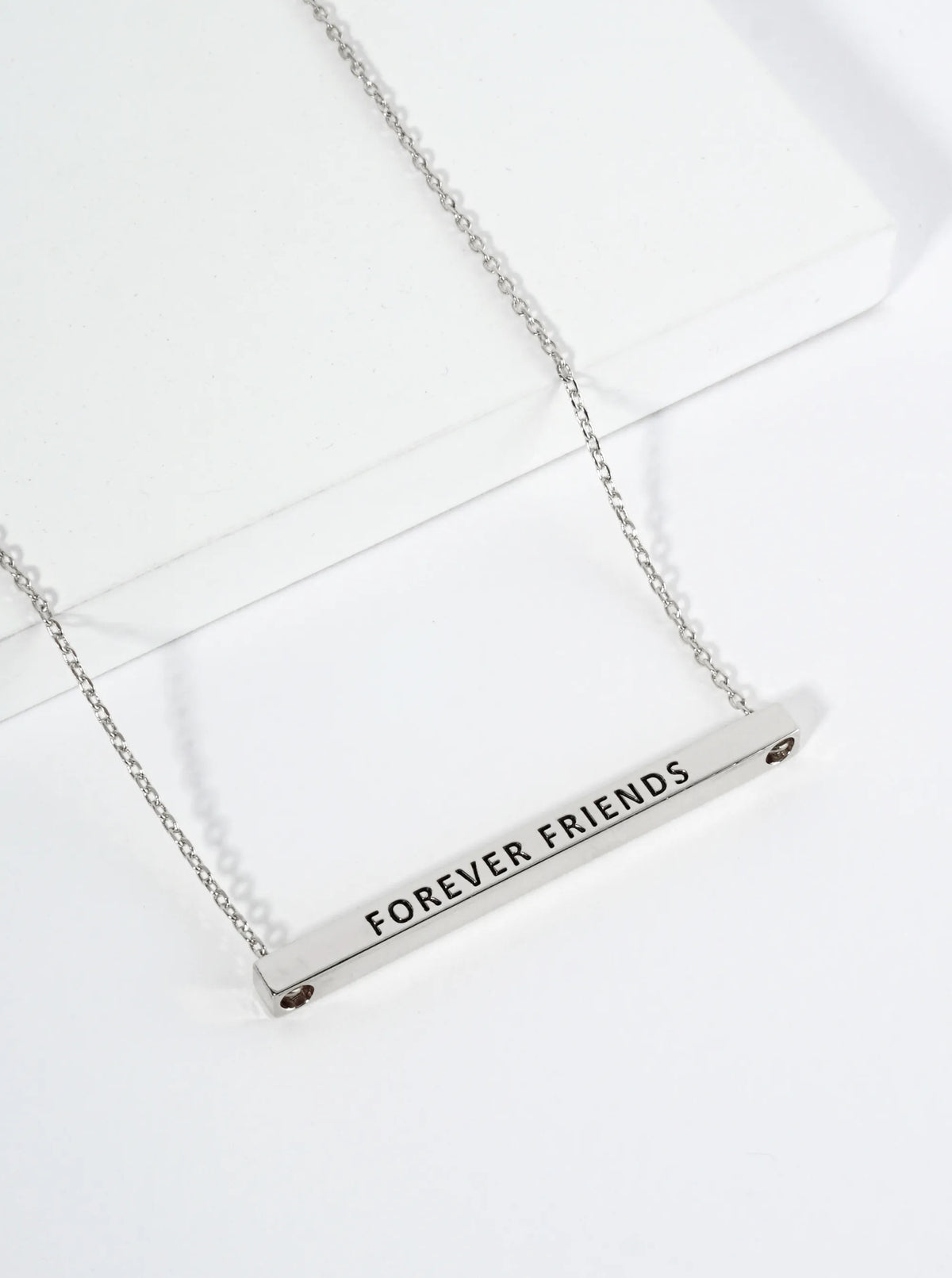 Forever Friends Engraved 18K Gold Dipped Horizontal Brass Bar Pendant Inspirational Necklace