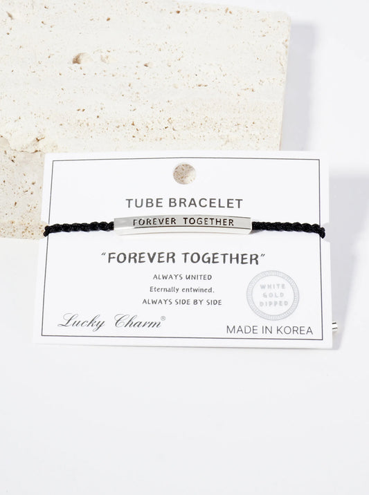 Forever Together Engraved 18K Gold Dipped Curved Brass Tube Bar Adjustable Pull Tie Bracelet