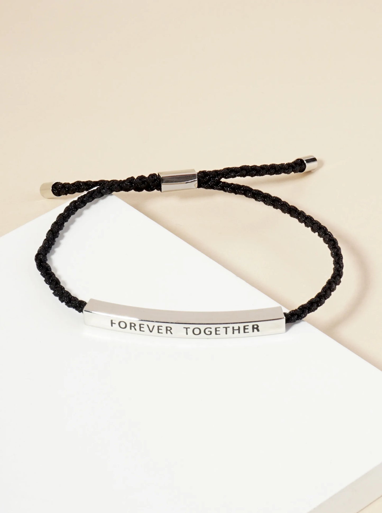 Forever Together Engraved 18K Gold Dipped Curved Brass Tube Bar Adjustable Pull Tie Bracelet