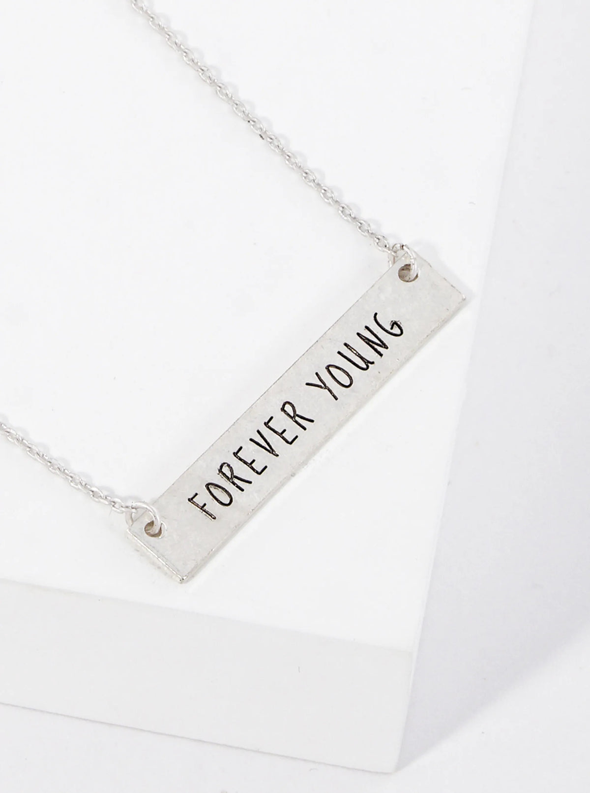 Forever Young Engraved Horizontal Bar Pendant Necklace