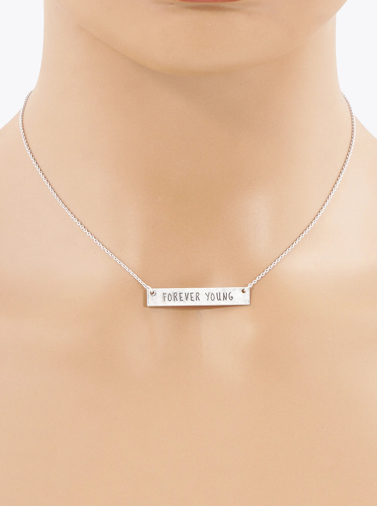 Forever Young Engraved Horizontal Bar Pendant Necklace