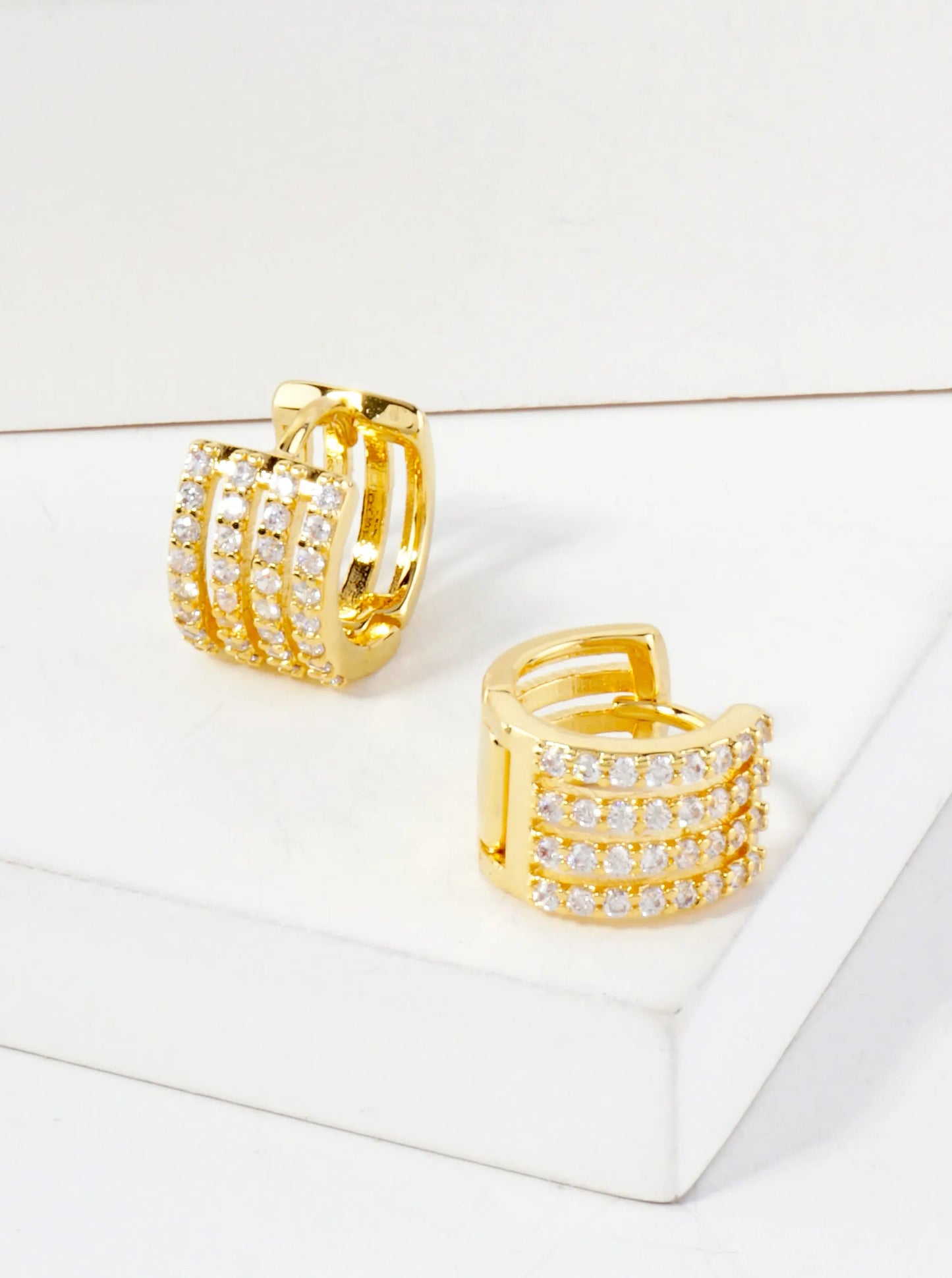 Four Cubic-Zirconia Strands 18K-Gold-Dipped 10mm Huggie Hoop Earrings