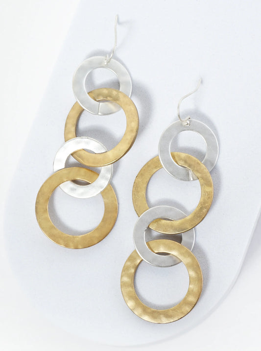 Four Interlocking Hammered Circles Drop Dangle Earrings