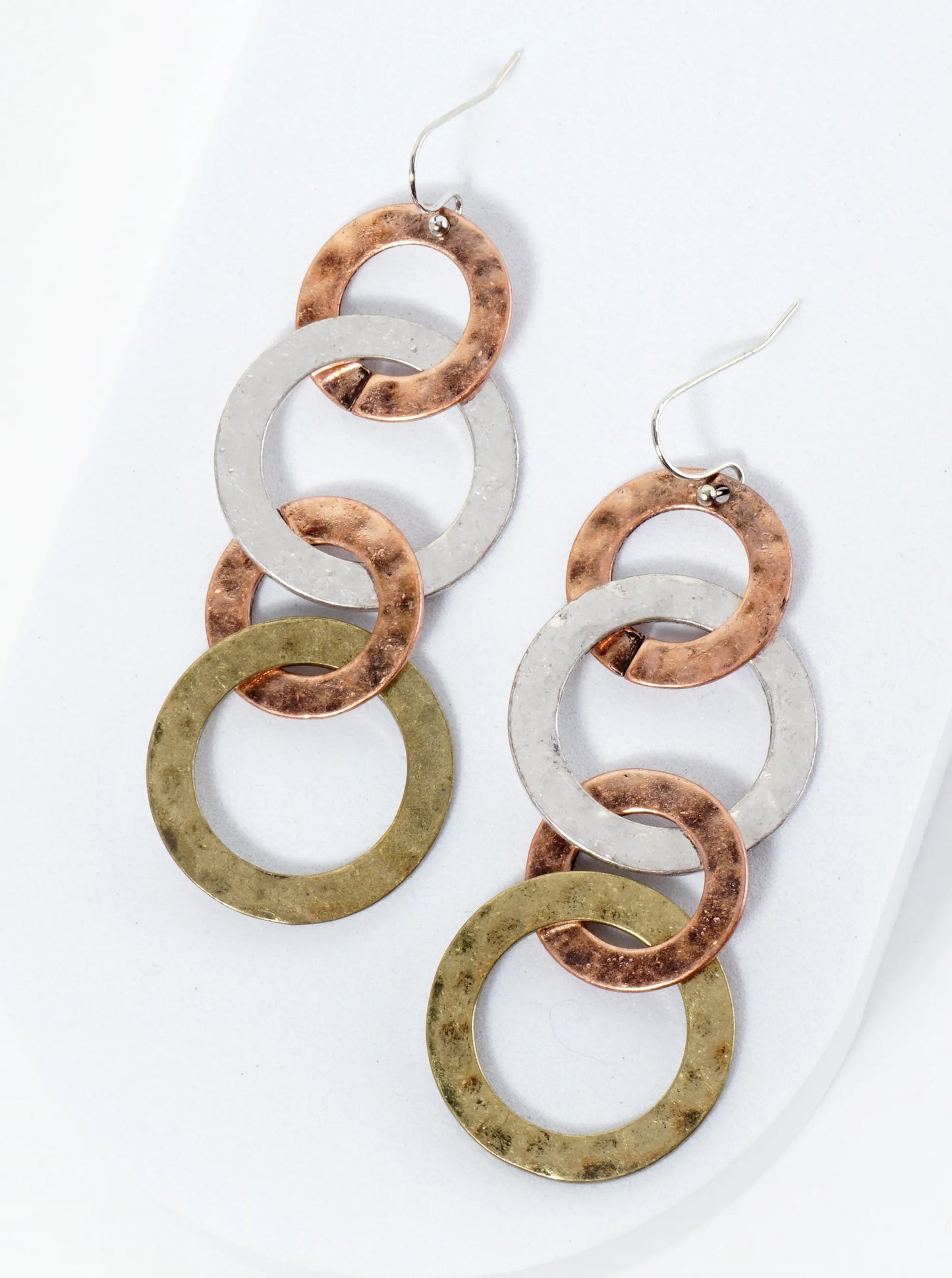 Four Interlocking Hammered Circles Drop Dangle Earrings