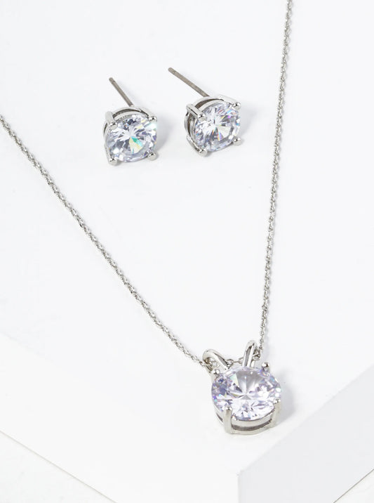 Four Prong 10mm Cubic Zirconia Pendant Necklace With Earrings