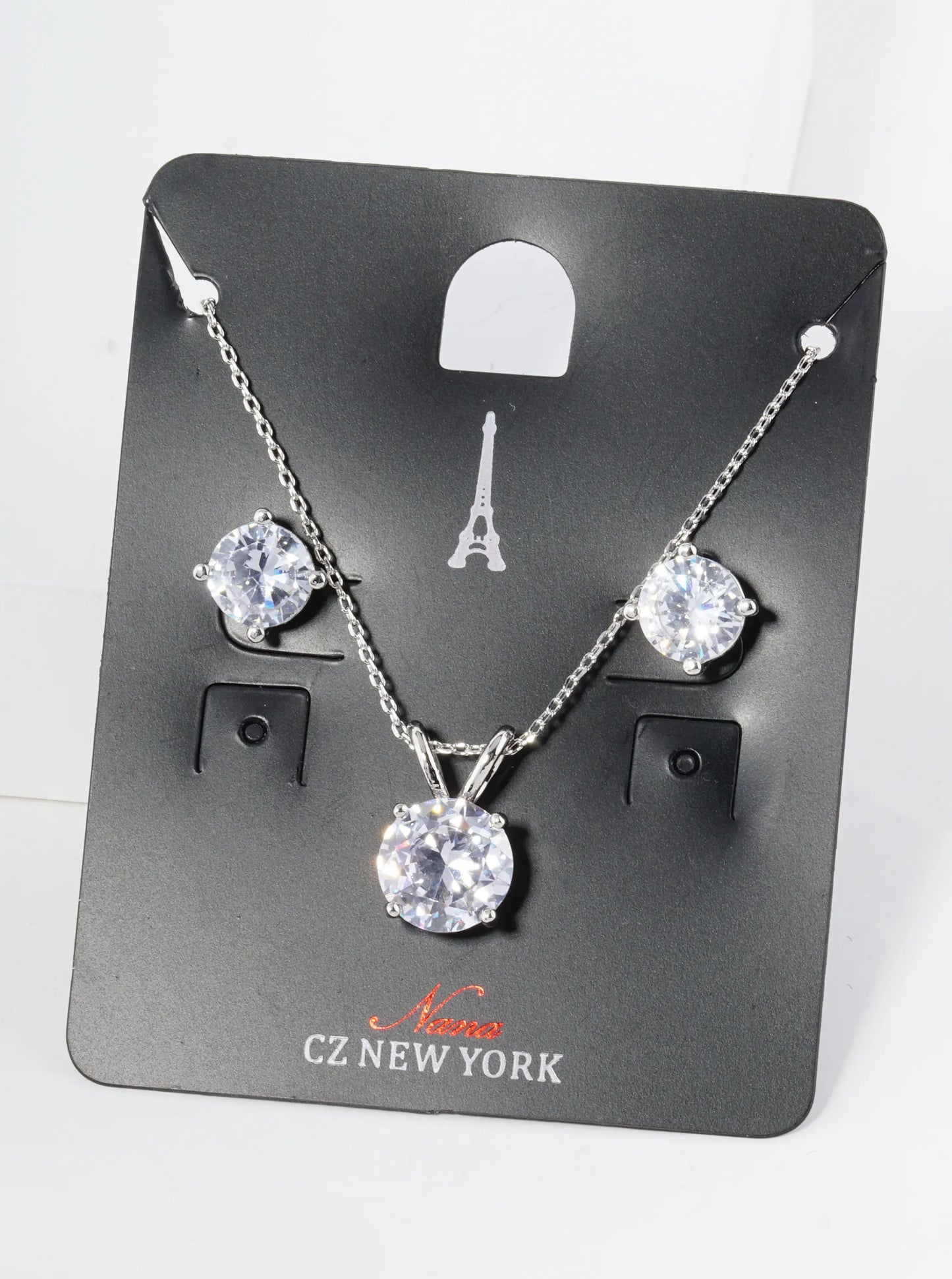 Four Prong 10mm Cubic Zirconia Pendant Necklace With Earrings