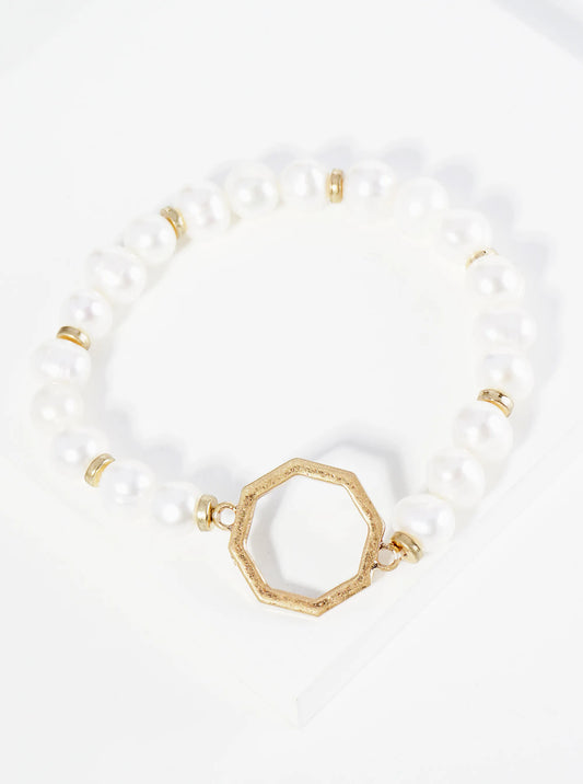 Freshwater Pearl Stretch Bracelet With Metal Octagon Accent