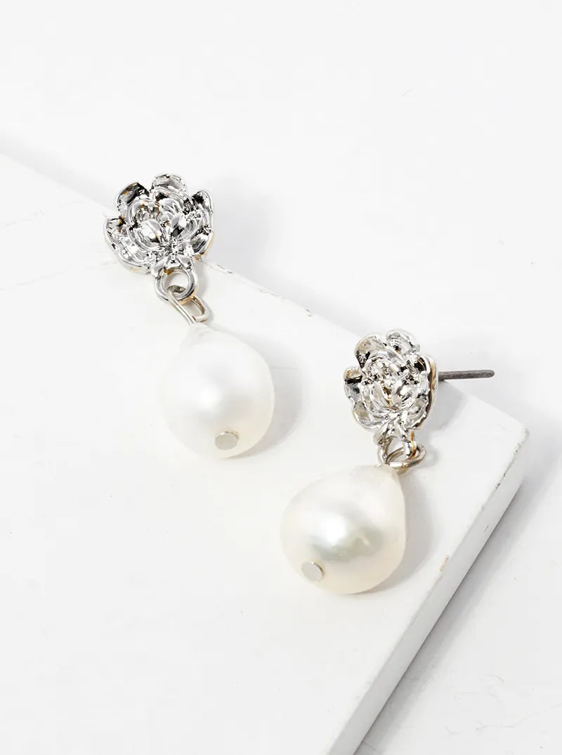 Freshwater Pearl Drop Flower Dangle Post Earrings
