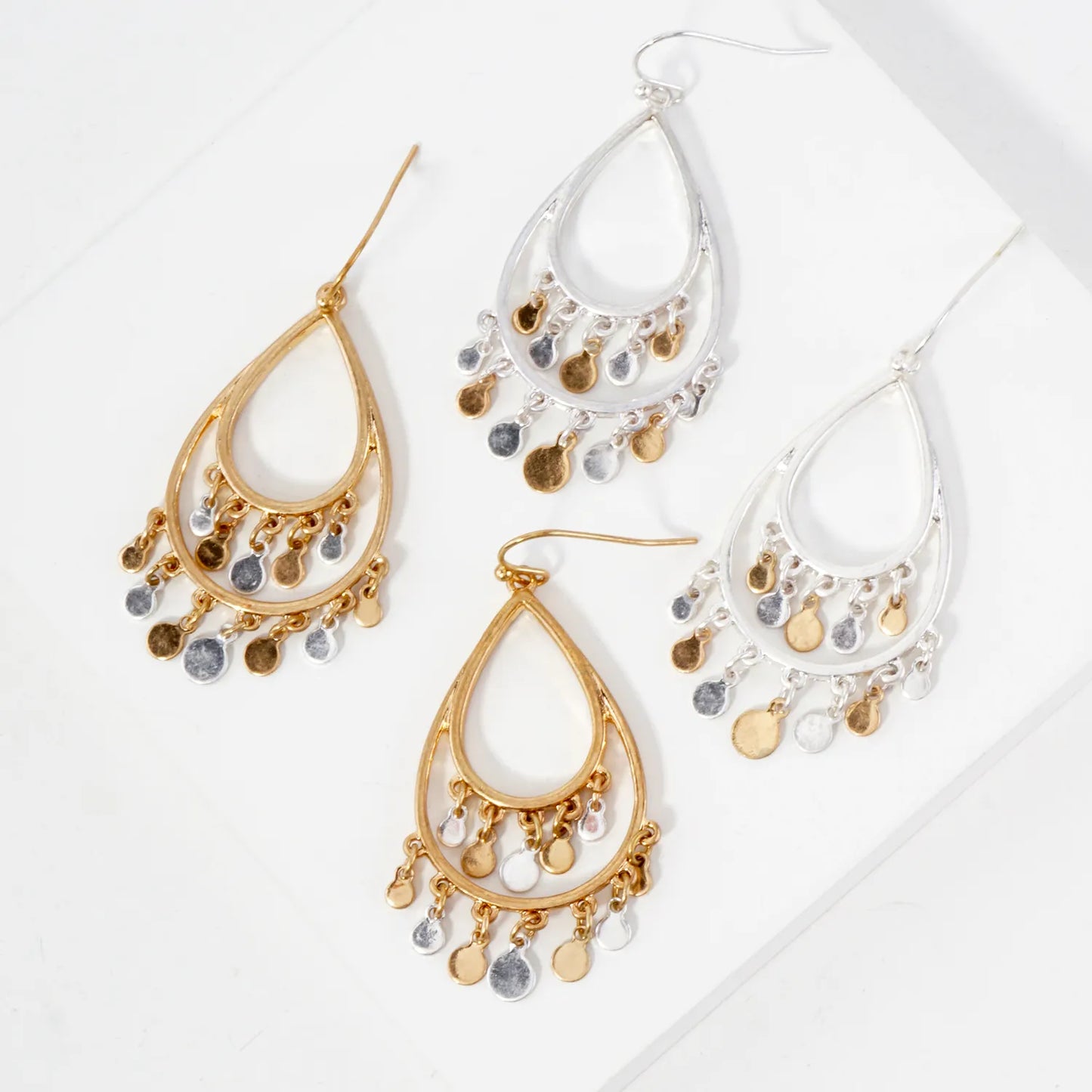Fringe Disc Drop Double Teardrop Earrings