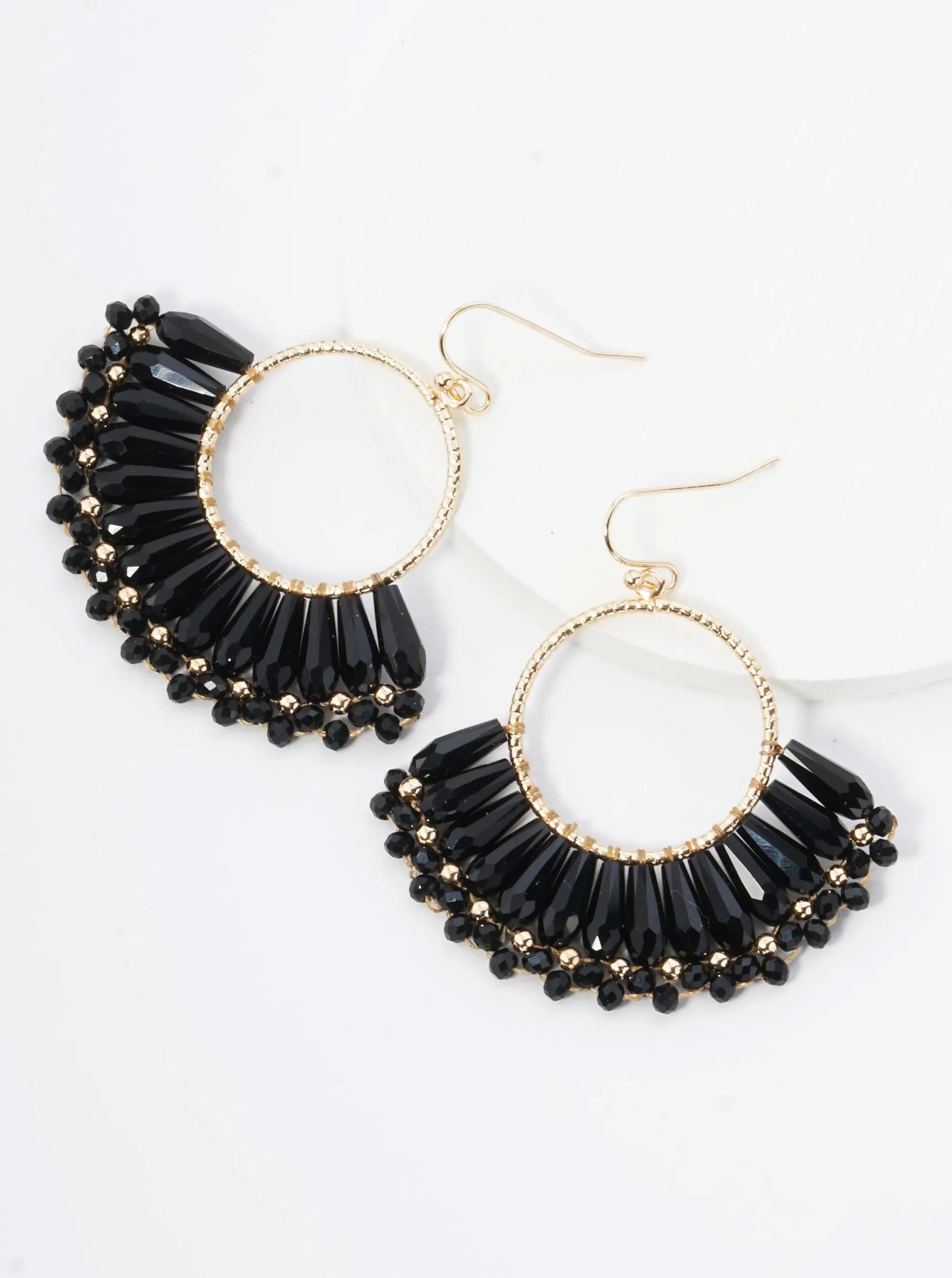 Fringe Glass Beads Drop Textured Circle Dangle Earrings