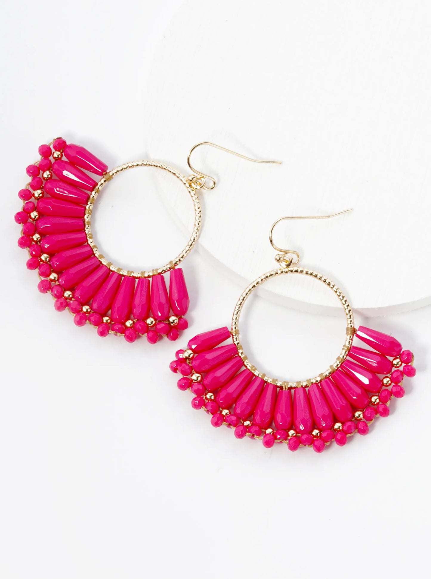 Fringe Glass Beads Drop Textured Circle Dangle Earrings